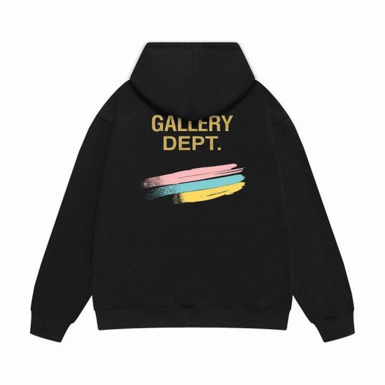 Gallery Dept Black Graphic Pullover Hoodie Back View Back view of the Gallery Dept black graphic printed cotton pullover hoodie featuring golden brand text and multi-coloured brushstrokes