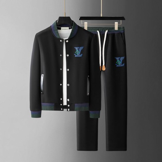 L Black Two Piece Tracksuit Front View in black and blue L black bomber jacket and trousers two piece tracksuit with blue logo embroidery
