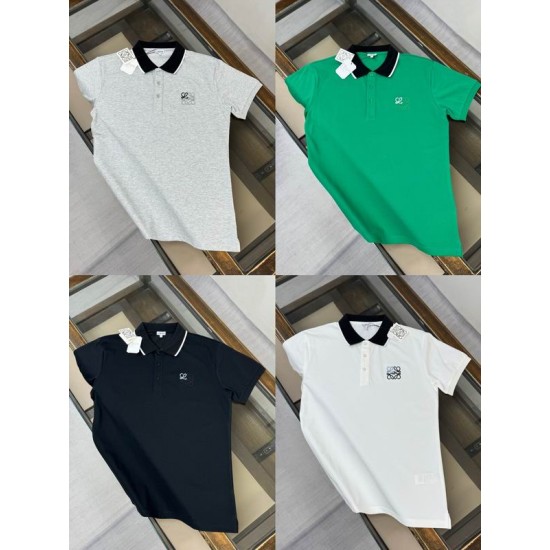 Four Loewe Men's Classic Cotton Short Sleeve Polo Shirts in grey, green, black, and white