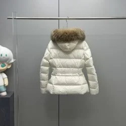 Moncler Women's White Belted Fur Hood Puffer Coat