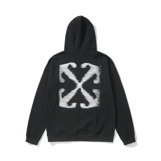 Back view of Off-White black hoodie featuring large white arrow print
