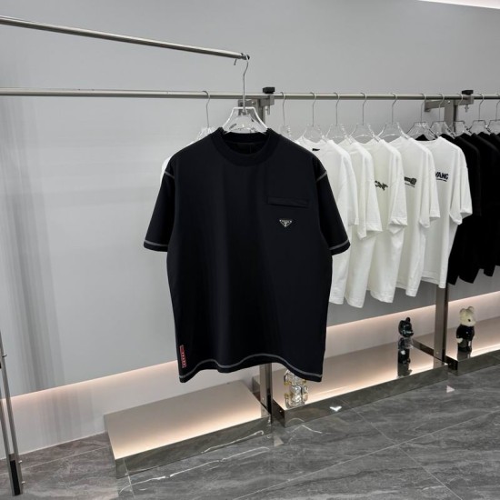 Prada Men's Black Contrast Stitching Pocket T-Shirt Front View Front view of the Prada Men's Black Contrast Stitching Pocket T-Shirt hanging on a rack