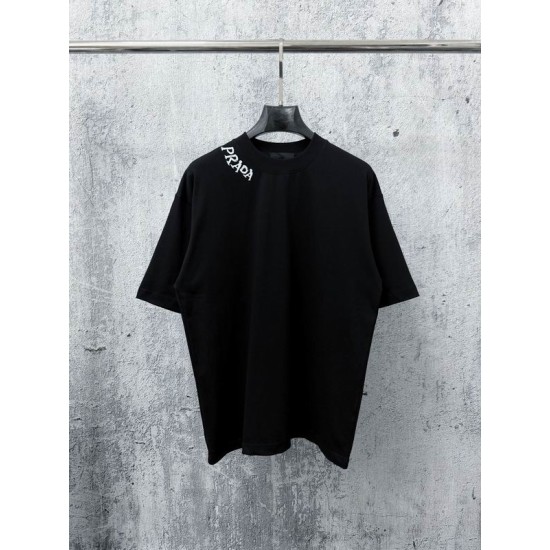 Prada Men's Black Collar Logo T-Shirt Front View Prada Men's Black Collar Logo Crew Neck Short Sleeve T-Shirt front view