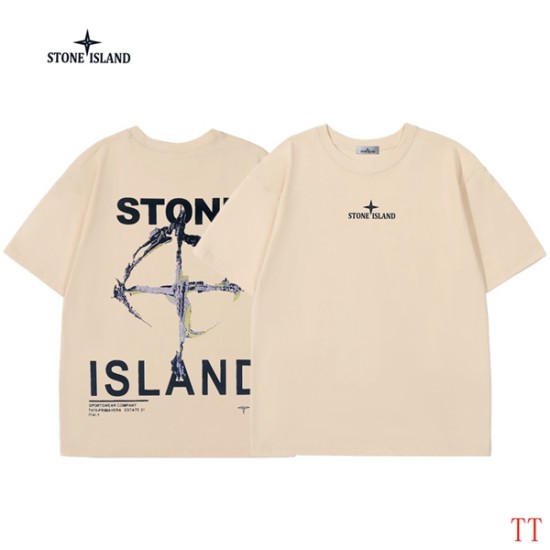 Stone Island Men's Beige Graphic Printed Cotton T-Shirt front and back view