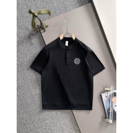 Front view of the Stone Island Men's Black Collarless Henley T-Shirt on a hanger