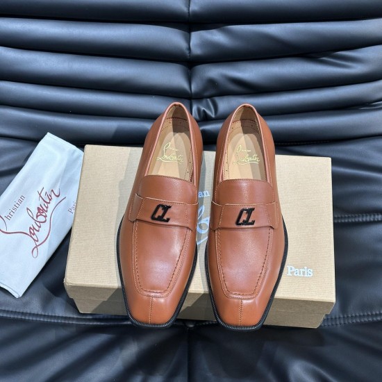 Christian Louboutin Men's Varsimoc Leather Loafers Brown top-down pair view