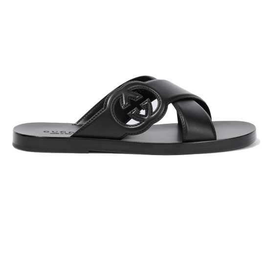 Gucci Black Leather Sandals Side Profile Gucci black leather sandals shown from a side profile view