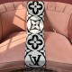 L Women's Medallion Monogram Fringe Black Scarf Reverse Side View in black and white L Women's Medallion Monogram Fringe Black Scarf draped over a sofa displaying white reverse side