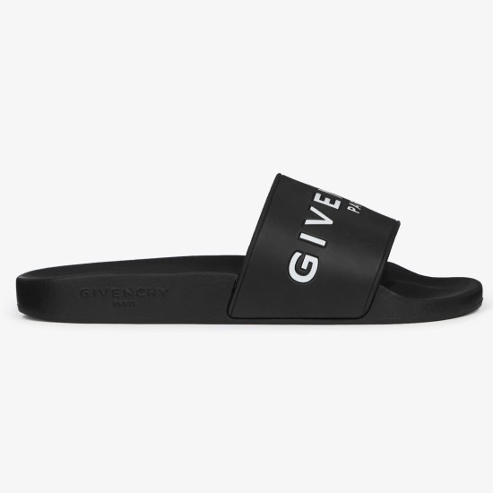 Givenchy Black Rubber Pool Slides Profile in black and white Profile view of Givenchy black rubber pool slides showing the bold white logo strap and side midsole branding