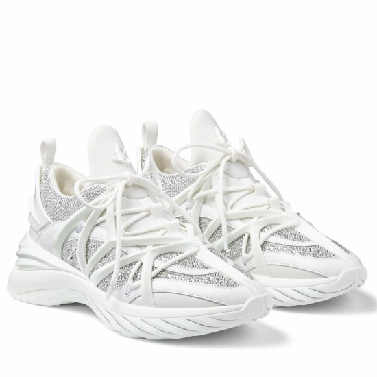 Jimmy Choo White Cosmos Crystal Embellished Low Top Trainers Angled Front View Jimmy Choo White Cosmos Crystal Embellished Low Top Trainers angled front view