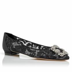 Manolo Blahnik Hangisi Flats In Black Lace with Crystal Buckle UK