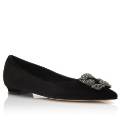 Manolo Blahnik Hangisi Flats In Black Velvet with Crystal Buckle UK