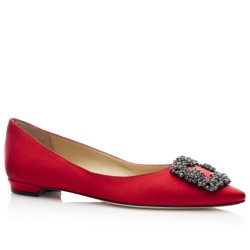 Manolo Blahnik Hangisi Flats In Red Satin With Crystal Buckle Uk
