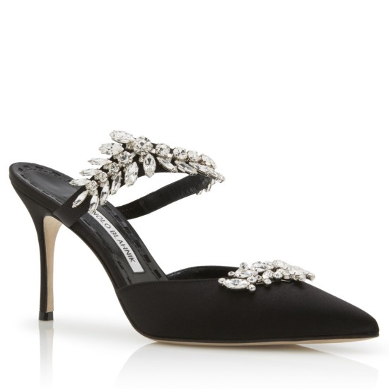 Replica Manolo Blahnik Lurum Crystal 90Mm Mules In Black Satin Uk - 2254 - Buddha Luxury
