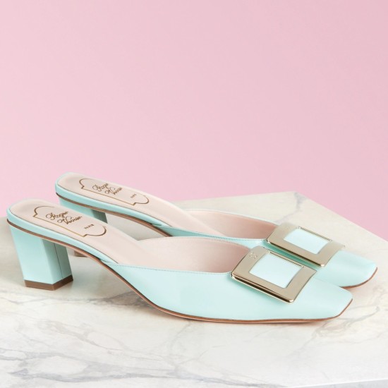 replica Roger Vivier Belle Vivier Metal Buckle Mules in Blue Patent Leather UK