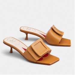 Roger Vivier Covered Buckle 45mm Mules in Brown Leather UK