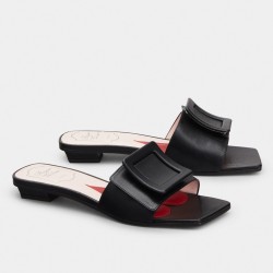 Roger Vivier Covered Buckle Mules in Black Leather UK