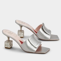 Roger Vivier Cube Strass Heel Mules in Silver Metallic Leather UK