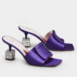 Roger Vivier Cube Strass Heel Mules in Violet Satin UK