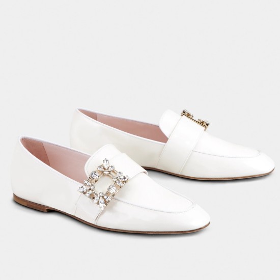 replica Roger Vivier Mini Broche Buckle Loafers in White Patent Leather UK