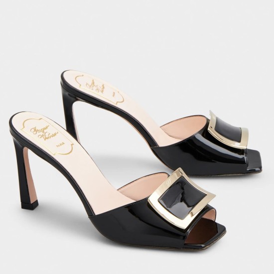 replica Roger Vivier Trompette Metal Buckle Mules in Black Patent Leather UK