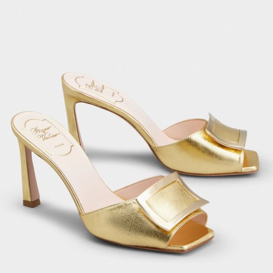 Replica Roger Vivier Trompette Metal Buckle Mules in Gold Metallic Leather UK replica Roger Vivier Trompette Metal Buckle Mules in Gold Metallic Leather UK