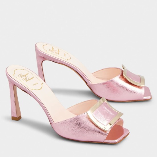 Replica Roger Vivier Trompette Metal Buckle Mules in Pink Metallic Leather UK replica Roger Vivier Trompette Metal Buckle Mules in Pink Metallic Leather UK