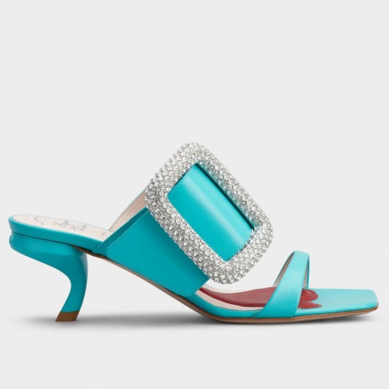 Replica Roger Vivier Viv Choc Side Strass Buckle Mules in Blue Leather UK replica Roger Vivier Viv Choc Side Strass Buckle Mules in Blue Leather UK