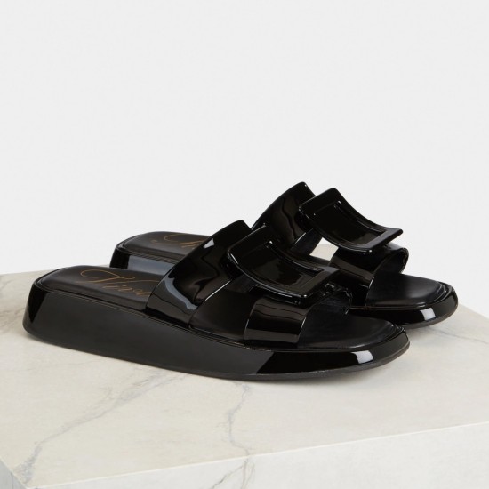 replica Roger Vivier Vivier Slide Covered Buckle Mules in Black Patent Leather UK