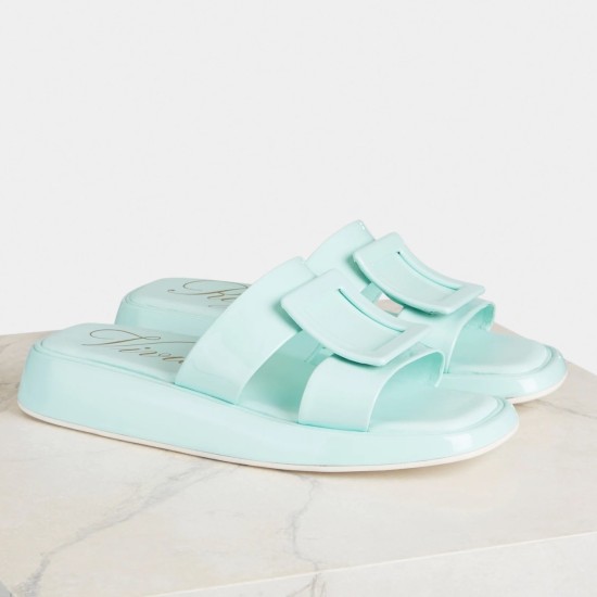 Replica Roger Vivier Vivier Slide Covered Buckle Mules In Blue Patent Leather Uk - 2882 - Buddha Luxury