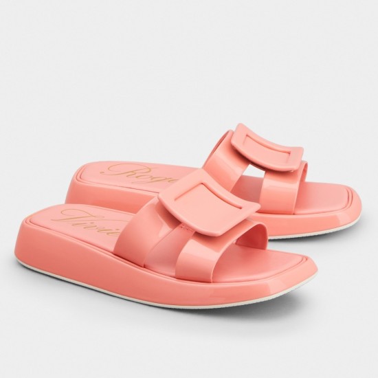 Replica Roger Vivier 2884 RV582 Buddha Luxury Replica Roger Vivier Vivier Slide Covered Buckle Mules In Pink Patent Leather Uk - 2884 - Buddha Luxury