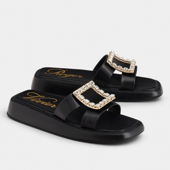 replica Roger Vivier Vivier Slide Strass Buckle Mules in Black Leather UK