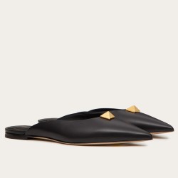 Valentino Roman Stud Flat Mules In Black Calfskin Uk
