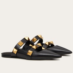 Valentino Roman Stud Flat Mules In Black Leather Uk