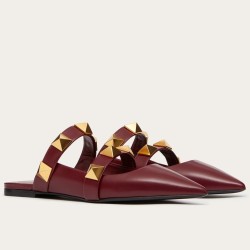 Valentino Roman Stud Flat Mules In Bordeaux Leather Uk