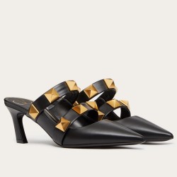 Valentino Roman Stud Mules 65Mm In Black Calfskin Uk