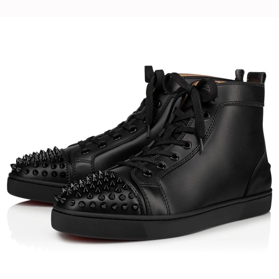 Christian Louboutin Men's Black Spiked High-Top Sneakers Front View Front perspective view of Christian Louboutin Men's Black Leather Spiked High-Top Sneakers showcasing spiked toe caps