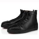 Christian Louboutin Men's Black Spiked High-Top Sneakers Front View Front perspective view of Christian Louboutin Men's Black Leather Spiked High-Top Sneakers showcasing spiked toe caps