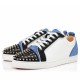 Christian Louboutin Louis Junior Spikes Orlato Side View in white and blue Side profile of white leather Christian Louboutin Louis Junior Spikes Orlato trainers with blue heel counter and spiked toe cap