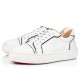 Front side perspective view of Christian Louboutin Vieirissima white leather low top trainers with black trim