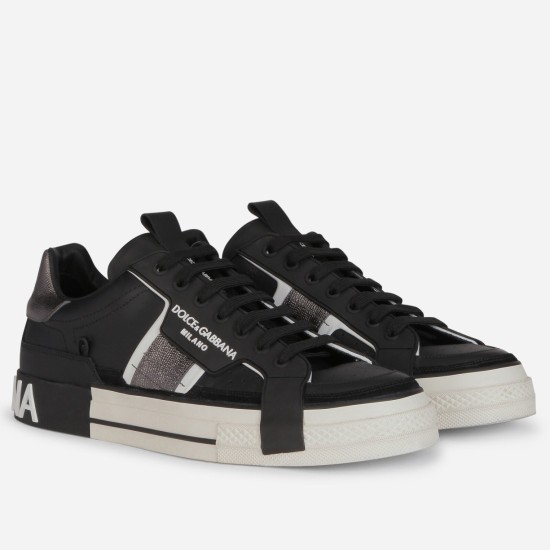 Dolce & Gabbana Custom 2.Zero Trainers Front View in black and white Three-quarter front view of black Dolce & Gabbana Custom 2.Zero trainers with white soles
