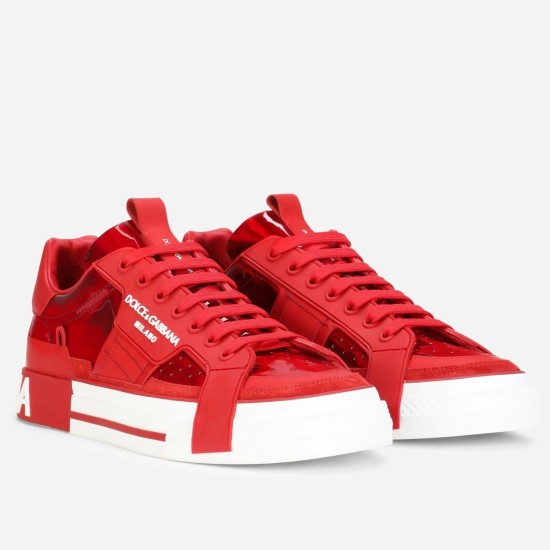 Dolce & Gabbana Custom 2.Zero Red Trainers Front Angled View Pair of Dolce & Gabbana Custom 2.Zero red patent low top trainers angled view