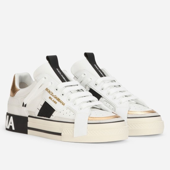 Dolce & Gabbana Custom 2.Zero Trainers White Black Gold Dolce & Gabbana Custom 2.Zero Trainers in white leather with black and gold details angled view