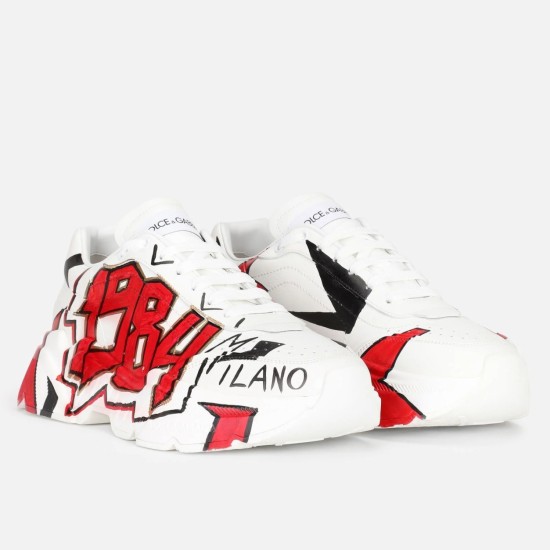 Dolce & Gabbana Printed White Leather Graffiti Trainers Front View Dolce & Gabbana printed white leather graffiti trainers front view