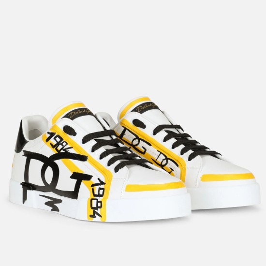Dolce & Gabbana Portofino Printed White And Yellow Leather Trainers Pair Front Dolce & Gabbana Portofino Printed White And Yellow Leather Trainers, pair front side view