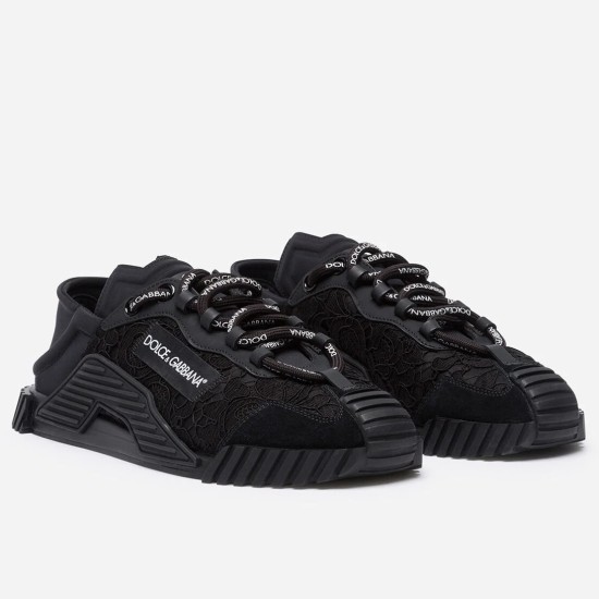Dolce & Gabbana Black Lace Low Top Slip On Trainers Front View Dolce & Gabbana Black Lace Low Top Slip On Trainers front pair view