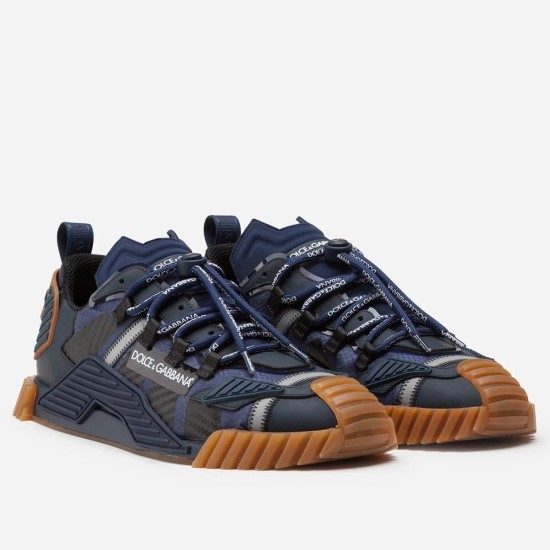 Dolce & Gabbana Blue Fabric Trainers Pair Dolce & Gabbana blue fabric trainers pair front quarter view with gum sole accents