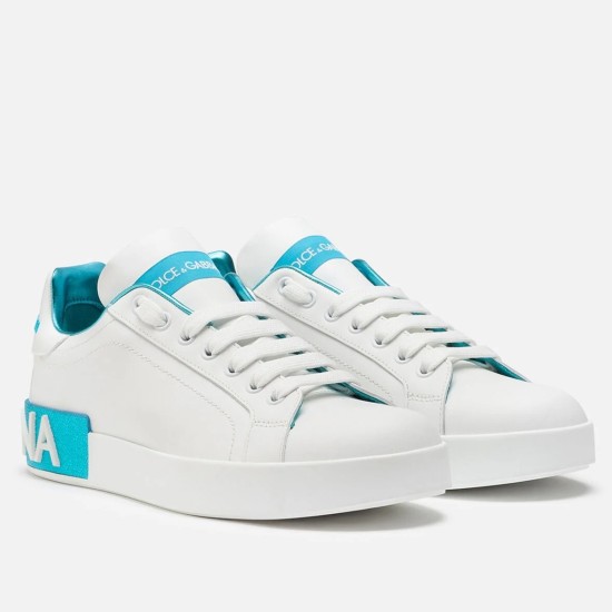 Dolce & Gabbana Portofino Leather Trainers Azure White in white and blue Dolce & Gabbana Portofino Leather Trainers in white and azure blue pair view