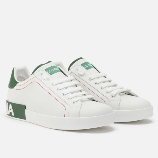 Dolce & Gabbana Portofino White Trainers Front View in white and green Dolce & Gabbana Portofino white leather trainers with green trim, front quarter pair view