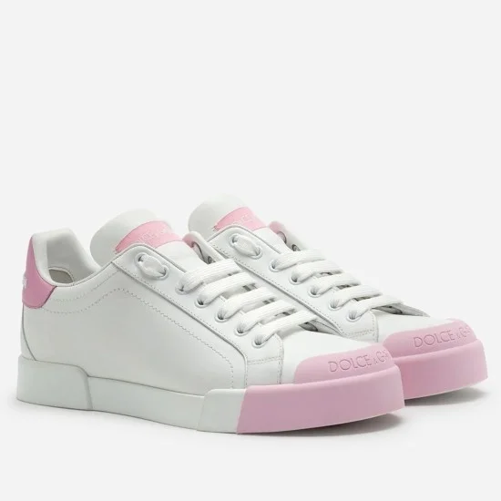 Dolce & Gabbana Portofino White Leather Trainers With Pink Toe-Cap Quarter View Dolce & Gabbana Portofino white leather trainers with pink toe-cap quarter view